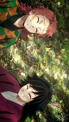 two anime characters laying on the ground in front of some plants and trees with their eyes closed