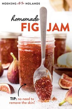 a spoon with fig jam in it next to some sliced figs