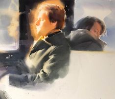 a painting of a man sitting on a bus looking out the window at another person