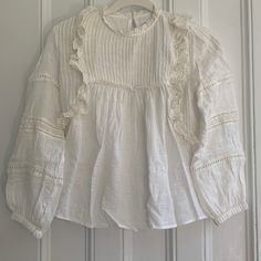 Nwot Zara Boho Blouse. Cute With Jeans. Great For Bts Zara White Long Sleeve Blouse, Zara Casual Blouse With Lace Trim, Casual Zara Blouse With Lace Trim, White Ruffled Blouse By Zara, Zara White Tops With Lace Trim, Zara White Top With Lace Trim, Zara White Lace Trim Top, Zara White Long Sleeve Top, Zara Shirt