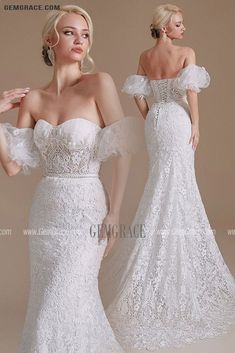 a woman in a white wedding dress standing next to another woman wearing an off the shoulder gown