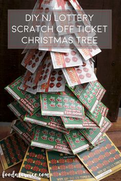 a christmas tree made out of tickets with the words diy n'lotery scratch off ticket christmas tree