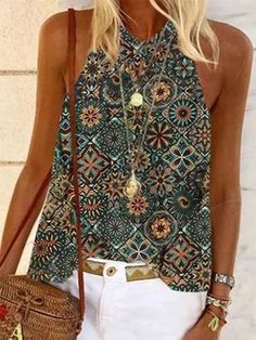 Cheap Elegant Floral Print Tops, Vibrant Cheap Women's Tops, Cheap All Over Print Summer Tops, Cheap Tops For Beach Season, Cheap Playful Relaxed Fit Shorts, Cheap Women's Tops For Beach Season, Cheap Relaxed Fit Summer Shirt, Cheap Green Halter Top For Women, Cheap Green Halter Top For Summer