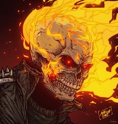 a drawing of a skeleton with fire coming out of it's head and eyes