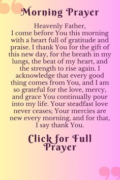 a poem written in purple and pink with the words,'morning prayer'on it