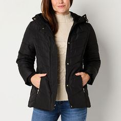 This Liz Claiborne women's hooded puffer jacket will add a chic and warm finish to your cold-weather looks. Made from a quilted material, this lined midweight style has snap and zip closures, side pockets and a tailored silhouette. Wear it over a sweater with jeans and boots.Features: HoodedClosure Type: Snap & ZipperFit: Classic FitPockets: 2 Side Zip PocketsSleeve Length: Long SleeveWarmth Factor: MidweightApparel Length: 26.5 Inches - BackOuterwear Length: MidFiber Content: 100% PolyesterFabr Sweater With Jeans, Womens Quilted Jacket, Hooded Puffer Jacket, Quilt Jacket, Liz Claiborne, Puffer Jacket, Cold Weather, Side Zip, Puffer