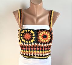 Patchwork  Coton Crop Halter Top, Bohemian Colorful Granny Square Blouse, Festival Vintage Cloths %100 handmade from %100 cotton yarn from me. Colorful The halter top is very useful to wear with skirt, jeans.  Color: Colorful, autumn colors Size: M-L Size  Chest 90-95 cm - 35 inch Waist 90-95 cm- 35 inch lenght(shoulder to waist) 44 cm - 17 inch  Washing gentle.. Thank you! oooooooooooooooooo Handmade Multicolor Tops For Spring, Orange Crochet Bohemian Top, Yellow Bohemian Crochet Top For Festival, Colorful Fitted Bohemian Tops, Orange Bohemian Fitted Crochet Top, Fitted Yellow Bohemian Crochet Top, Yellow Handmade Bohemian Top, Handmade Multicolor Bohemian Tops, Handmade Bohemian Multicolor Tops