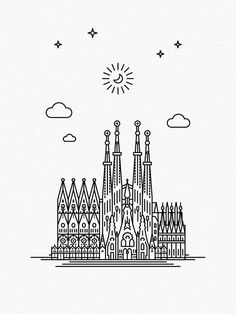 a black and white drawing of a cathedral