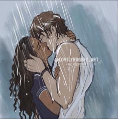 a couple kissing in the rain with their arms around each other and one holding his head