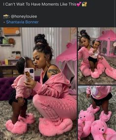 a woman in pink is holding a baby and posing for pictures with her stuffed animals