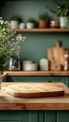 a wooden cutting board sitting on top of a counter next to a vase filled with flowers