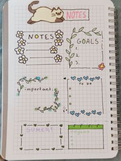 an open notebook with notes and drawings on the pages, including flowers, leaves and cats