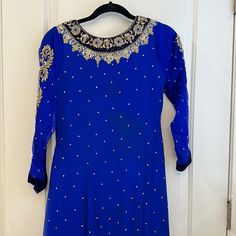 Excellent Condition Pishwas, Never Worn. Size Small Embellished Maxi Dress For Party And Festivals, Festive Long Sleeve Salwar Kameez For Evening, Formal Floor-length Dress For Festivals, Evening Long Sleeve Salwar Kameez For Eid, Blue Embellished Gown For Party Season, Embellished Blue Gown For Party Season, Blue Long Sleeve Evening Set, Anarkali Long Sleeve Party Dress, Fitted Maxi Dress For Eid And Formal Occasions