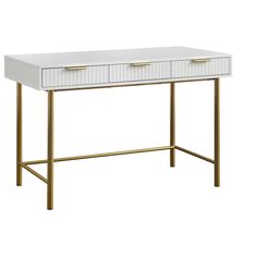 a white and gold desk with two drawers on one side, an open drawer on the other