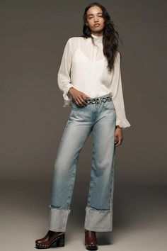 AG Adria Colorblock Low-Rise Wide-Leg Jeans | Anthropologie Luxury Jeans With Standard Cut Leg For Spring, Luxury Medium Wash Jeans For Spring, Luxury Spring Jeans With Straight Hem, Luxury Faded Jeans For Spring, Luxury Tapered Leg Jeans For Women, Luxury Women's Tapered Leg Jeans, Lauren Conrad Jeans Kohls, High Rise Rigid Denim Jeans, Lauren Conrad High Waisted Jeans