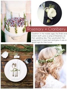 a collage of photos with flowers, greenery and cranberry on them