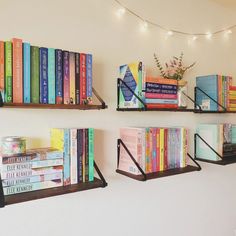 some books are sitting on shelves with lights above them