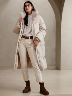 Lowri Puffer Coat | Banana Republic White Puffer Jacket Outfit, Puffer Coat Outfit, Beige Puffer Jacket, Puffer Outfit, Oversized Puffer Coat, White Puffer Jacket, Oversized Puffer, White Puffer, Arm Cuffs