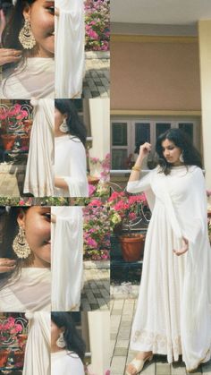 a collage of photos showing the different ways to wear a white dress and headpiece