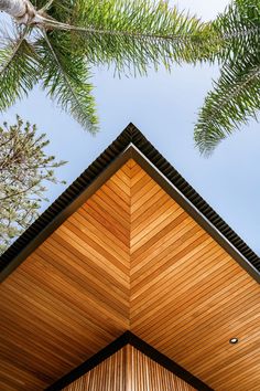 the roof of a wooden building with palm trees in the foreground and blue sky above