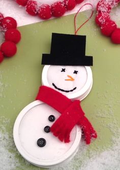 a snowman ornament with a black hat and red scarf