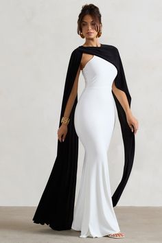 Vianna | White Strapless Maxi Dress With Black Cape White Strapless Maxi Dress, Club L London, White Floor, Black Cape, Black Dress Prom, Black Tie Gala, Asymmetric Neckline, Strapless Maxi, Bridesmaid Outfit