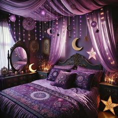 a bed room with a neatly made bed covered in purple comforter and curtains over it