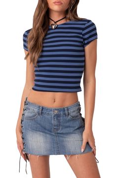 A striped cotton rib T-shirt goes from everyday to party-ready with its unexpected open back framed by short sleeves. Crewneck Short sleeves 95% cotton, 5% spandex Machine wash, dry flat Imported Crop T Shirt, Crop Tshirt, Open Back, Top Brands, Tee Shirts, Short Sleeves, Nordstrom, Womens Tops, Crew Neck