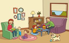 a family is sitting in the living room with their child and dog, reading books