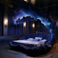 a bed that is in the middle of some kind of room with lights on it