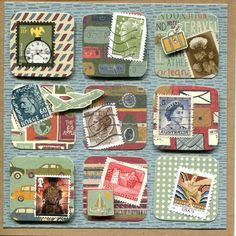 an assortment of stamps and postcards are arranged on a blue background with brown paper