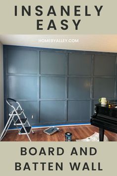 An image of a board and batten wall with text overlay that says "Insanely Easy Board and Batten Wall" How To Diy Board And Batten, How To Put Up Board And Batten, Accent Wall Board And Batten Bedroom, Square Board And Batten Wall Bedroom, Board And Batten Long Wall, Board And Batten Sizes, Diy Wall Batten, Board A D Batten Wall, Diy Board And Batten Accent Wall