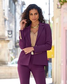 Our Modern Blazer offers a sleek and slimming fit with a notched lapel and single-button closure. The allover stretch fabric offers unparalleled comfort for all-day wear. Welt pockets round out this versatile staple. Pairs well with our Modern Trouser Pant, or denim for a casual Friday vibe. | Boston Proper - Dark Purple - Modern Single Button Blazer - 2 Dark Purple Womens Suit, Stretch Blazer With Notch Lapel For Office Wear, Stretch Notch Lapel Blazer For Office, Slim Fit Workwear Blazer With Buttons, Slim Fit Blazer With Buttons For Work, Slim Fit Blazer With Button Closure For Work, Notch Lapel Elastane Blazer For Workwear, Fitted Blazer With Button Cuffs For Office Wear, Dark Purple Pants Outfit