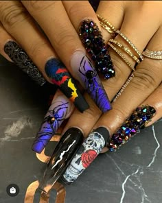 Extreme Halloween Nails, Complex Halloween Nails, Yellow Goth Nails, Witch Nails Purple And Black, Spring Nail Art Designs, Halloween Stiches Nails, Easy Halloween Nails Design, Beach Nails Art, Rave Nails