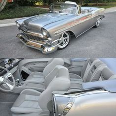 an old car with chrome paint and leather seats is shown in two different photos, one has