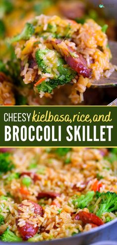 broccoli and rice skillet with text overlay