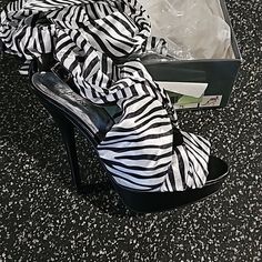 Super Cute! Brand New Tie Up Ankle Size 7.5 Zebra Print Black And White Round Toe Heels For Party, Black High Heels With Zebra Print, Spring Zebra Print High Heels, High Heel Zebra Print Party Heels, Chic Zebra Print High Heels, Printed Ties, Zebra Print, Shoes Women Heels, Shoes Heels