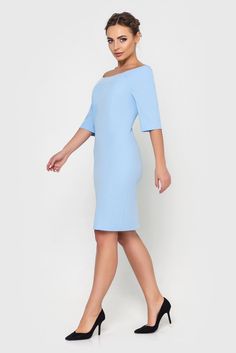 A pencil dress featuring wide boat neck, midi length, and a detachable peplum. - wide boat neck - 1/2 raglan sleeves - pencil silhouette - midi length - concealed back zipper closure - removable peplum Fabric: 55% viscose / 40% polyester/ 5% elastane. Color: baby blue You can wash dress in your washing machine with 30 degrees. Hang on a hanger to dry ist. And then it is ready to wear again! Please choose from our measurements chart your dress size, or write us your body measurements, we then sel Fitted Boat Neck Midi Dress For Party, Boat Neck Bodycon Dress For Parties, Bodycon Boat Neck Dress For Party, Bodycon Boat Neck Party Dress, Party Bodycon Dress With Boat Neck, Wedding Dress With Fitted Bodice And Boat Neck, Elegant Bodycon Dress With Boat Neck, Spring Wedding Boat Neck Dress, Blue Wedding Dress With Straight Neckline