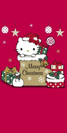 a hello kitty christmas card with presents on the bottom and an image of santa clause