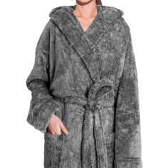 Premium Womens Plush Soft Robe with Hood by PAVILIA Made of fluffy faux shearling to give a cozy feel, our robe is super soft, lightweight, yet warm at the same time. Comes with a waist strap so you can adjust for perfect fit and 2 side pockets to keep all your essentials! The hooded robe is constructed with 260 GSM of high quality microfiber polyester that is soft to touch, easy to care for, and lightweight at the same time. Available in various popular colors to keep you warm and cozy around y Cozy Gray Outerwear With Soft Texture, Robe With Hood, Soft Robes, Hooded Robe, Popular Colors, Waist Strap, Shawl Collar, Warm And Cozy, Sleeve Styles