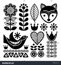 black and white floral design elements with hearts, flowers, leaves and birds on a white background