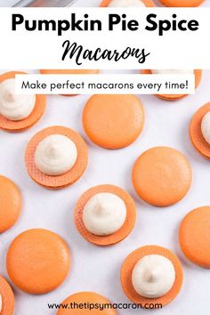 pumpkin pie spice macarons on a baking sheet with text overlay reading pumpkin pie spice macarons