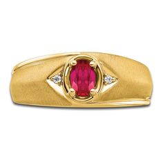 A striking oval-cut natural ruby gemstone shimmers handsomely in the center of this classic men's ring, fashioned in 14K yellow gold. Brilliant round diamond accents embellish the band to complete the look. Natural Ruby Ring, Gold Book, Jared The Galleria Of Jewelry, Ruby Stone, Gold Price, Ruby Gemstone, Men's Ring, Ring Diamond, Size 10 Rings