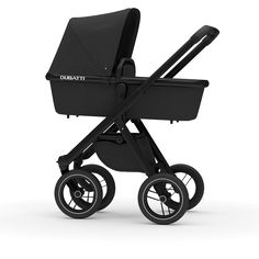 a blue stroller with wooden handlebars and black wheels on a white background