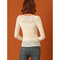 Add some romance to your look with this sheer lace top. The slightly stretchy fabric creates a breezy, textural base for this lace top, which is accented with long sleeves for a feminine dimension. A cami top should be worn, which is not included in this garment. This sheer top has a feminine design of floral lace and long puff sleeves. A semi-sheer top features an allover floral lace design, a round neck, and long sleeves. Great for simple but trendy pants or skirts. Fall Lace Mesh Top, Elegant Spring Mesh Top With Lace Sleeves, Elegant Mesh Top With Lace Sleeves, Feminine Cotton Lace Top For Spring, White Stretch Lace Top, White Fitted Mesh Top With Lace Detail, Fall Feminine Tops With Lace Work, Stretch Long Sleeve Lace Top With Patchwork, Fitted White Lace Mesh Top