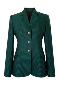 Our favorite diamond fabric is now available in a rich emerald green riding jacket. This jacket is piped in black, and has silver buttons. This riding jacket is sure to make you stand out in the show pen. Known for the princess cut and clean lines, this jacket gives any rider a beautiful hour glass figure - sure to get you noticed in the ring. A true must have for any equestrian's closet. 100% Wool Dry-clean only Made in Canada Fully lined All jackets use UK sizing. Refer to sizing chart. 1010 Hunt Seat, Hunt Coat, Equestrian Chic, Hunting Women, Show Jackets, English Riding, Black Pipe, Riding Jacket, Ralph Lauren Style