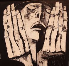 a black and white drawing of a woman holding her hands to her face with bamboo sticks covering her eyes