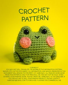 a crocheted frog sitting on top of a yellow background with the words crochet pattern written below it