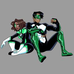 two people dressed as green lantern and black cat, one is holding the other's leg