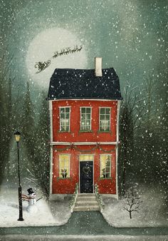 a painting of a red house in the snow with a sleigh flying over it